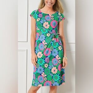 TALBOTS EFFORTLESS JERSEY FLORAL TIE SHIFT DRESS SIZE L GARDEN CORE EUC